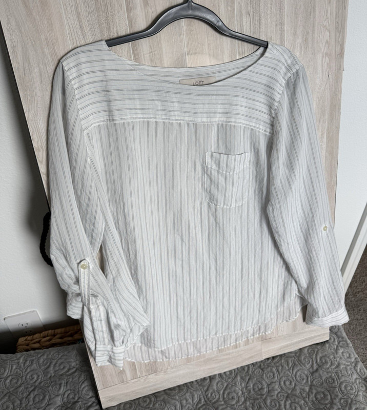 LOFT Women's White/Blue Striped Boat Neck Roll Tab 3/4 Sleeve Blouse M