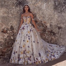 Elegant Off Shoulder Wedding Dress Colorful Lace Detailing Long Train Bride Gown