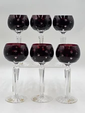 Set Of 6 Vintage Ajka Marsala Ruby Red Cut To Clear Crystal Hock Wine Glass