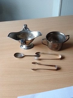 5 Pieces Hallmarked Solid Silver Tableware (270g) Inc. Double Sided Gravy Boat