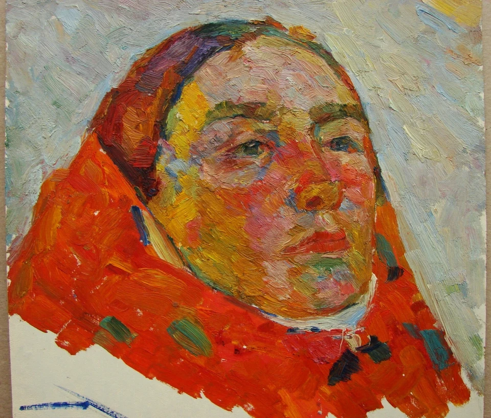 Pintura al óleo soviética ucraniana fauvismo impresionismo retrato femenino bufanda roja Foto 2 de 4