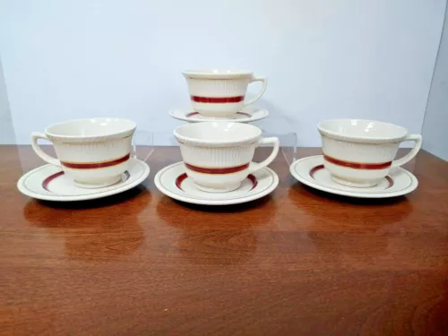 VINTAGE SHENANGO RESTAURANT WARE MAROON GOLD BAND RIBBED CUP & SAUCER SET OF 4