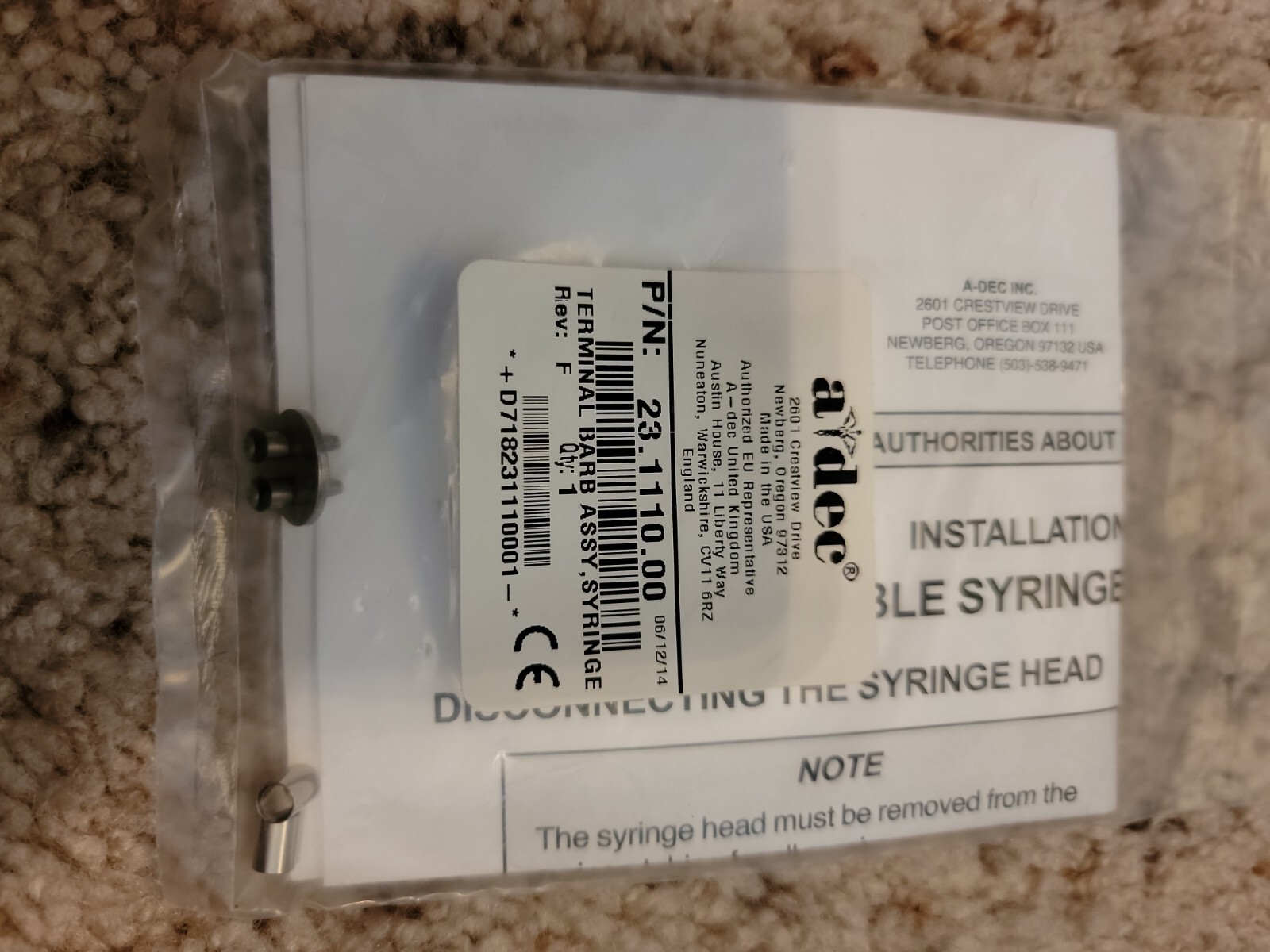 Adec TERMINAL BARB ASSY, SYRINGE 23.1110.00 | eBay