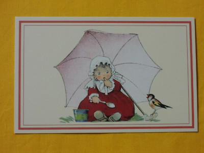 1x Postkarten kleines Mädchen unter einem Regenschirm Vogel  Retro / Nostalgie
