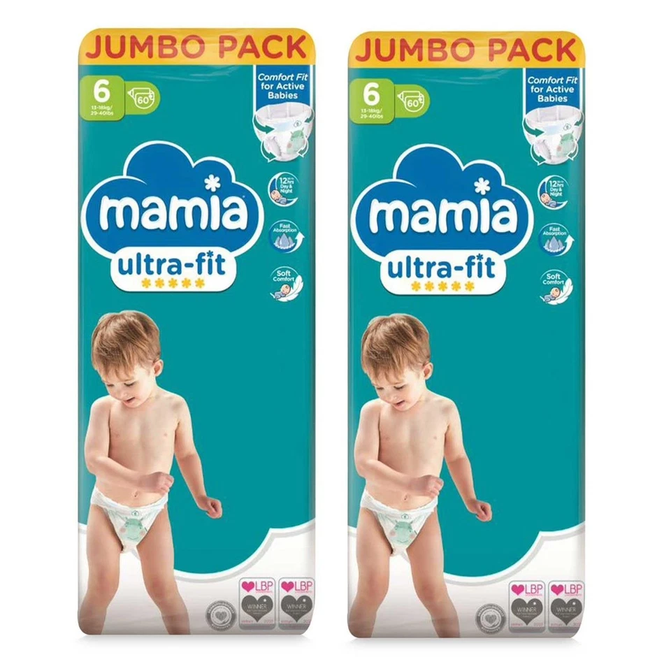 2x Mamia Size 6 Nappies Jumbo 60 Pack