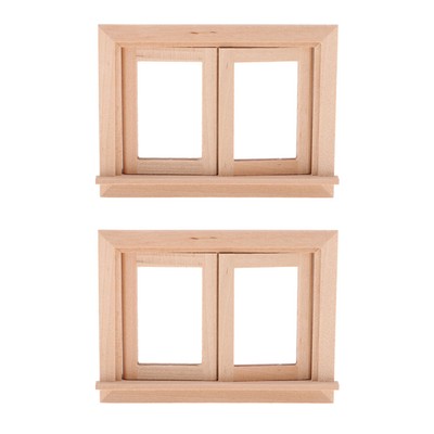 Vintage 1/12 unbemaltes Holz 2 Pane Fensterrahmen (2 teilige Packung) für
