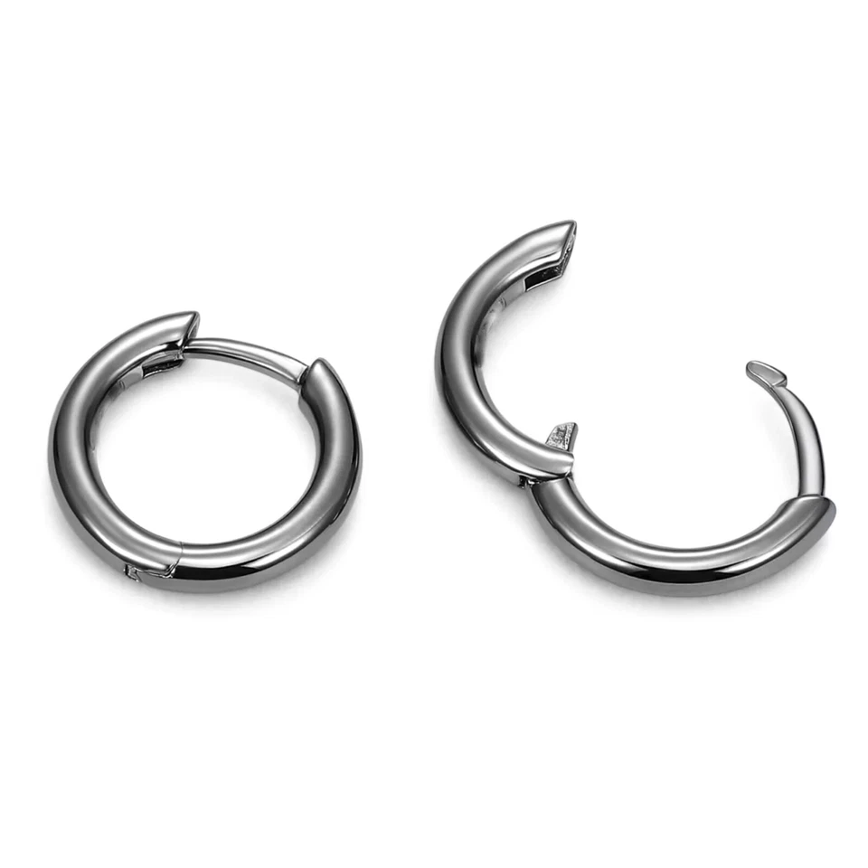 Pendientes de aro pequeños clásicos elegantes de plata de ley 925 maciza pura negros Foto 4 de 4