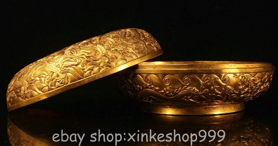 8" Old Tibet Bronze 24K Gold Gilt Dynasty Dragon Beast Jewelry Storage Box - Image 4 of 4