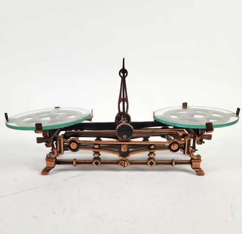 Antique 3K Balance Scale Cast Iron Brass Glass Platforms Apothecary Scale