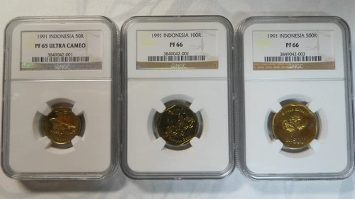 Indonesia 1991 Proof Set, 50, 100, 500Rupiah, NGC PF65~66, Only 1Set Graded