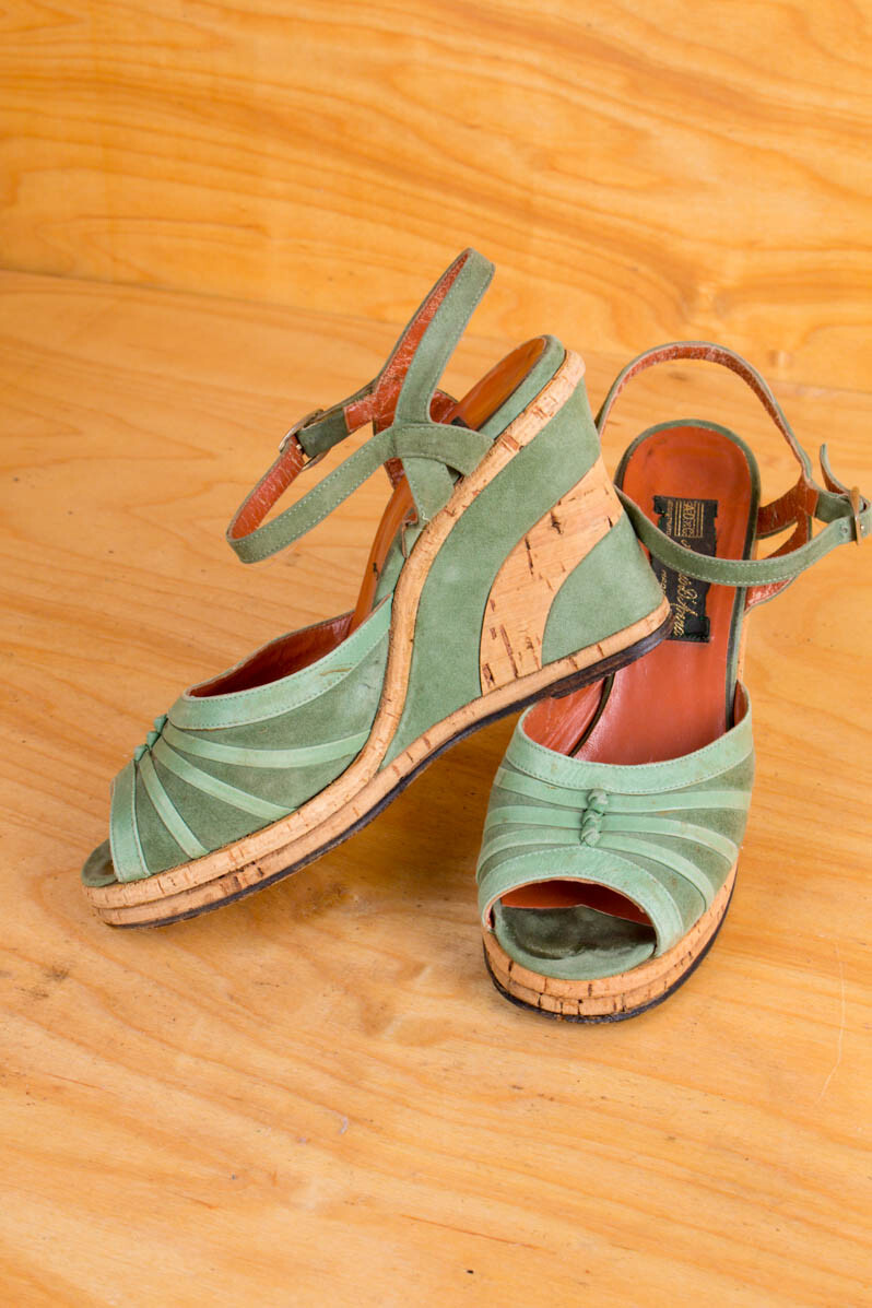 % Oferta % Vintage 60s Cuña Sandalias Verde Corcho Cuero Rockabella Disco Boho