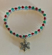 Cute Green, Red,  Silver Bead Christmas Snowflake Charm Stretch Bracelet