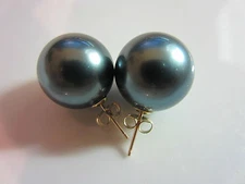 10mm 12mm BLUE BLACK Sea Shell Pearl Stud Earrings 14K Solid Yellow Gold Posts