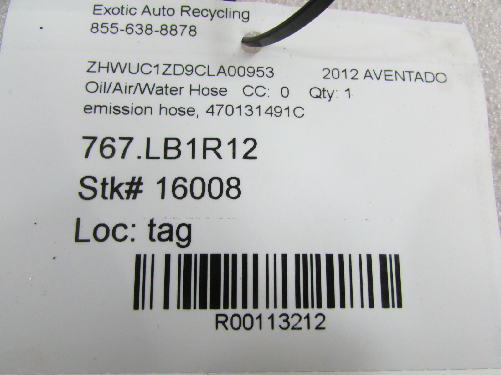Lamborghini Aventador, Fuel Vapor Canister to Valve Hose, Used, P/N 470131491C