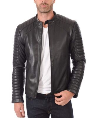 MEN'S BIKER GENUINE LAMBSKIN BLACK MOTORCYCLE SHEEPSKIN REAL LEATHER JACKET