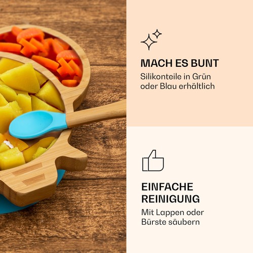 Kindergeschirr Set Bambusteller Löffel 250 ml Baby Besteck 18x18 cm Blau Elefant - Afbeelding 8 van 9