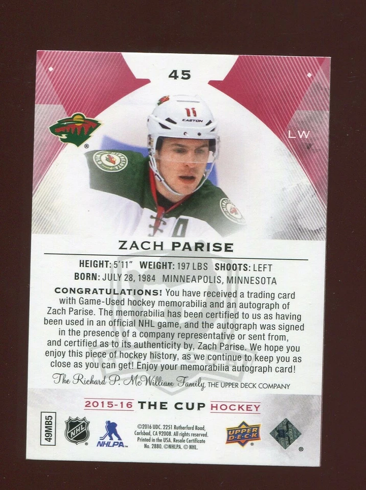 2015-16 The Cup Zach Parise Game Used Patch Autograph Red Logo Auto 3/4 MN Wild - Image 2 of 4