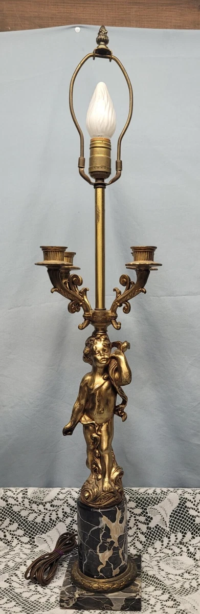 Vtg Neo Classical Marble Cherub Child French Table Lamp Candelabra 3 way Switch