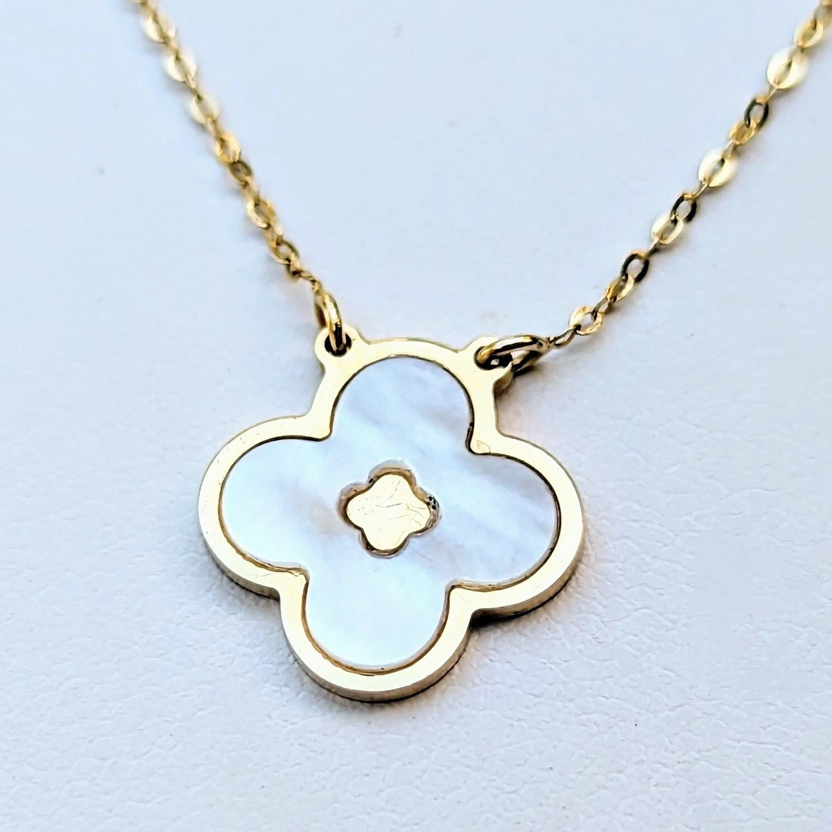 Dainty 14k Solid Gold 585 White MOTHER OF PEARL Four Leaf CLOVER CROSS Necklace