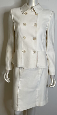 Oscar de la Renta Skirt Suit Womens 8 Ivory Cotton Italy Jacket Double Breasted