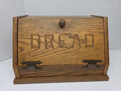 Vintage J & J Woodcraft Primitive Wooden Bread Box  Farmhouse Countertop Storage