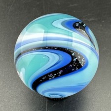 Contemporary Handmade Art Glass Marble 1.13" Blue White  Black Sparkle Swirl