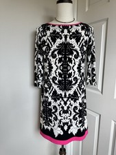 Eliza J Black & White Damask Pattern Dress With Pink Trim, Size 8 Short Sleeve
