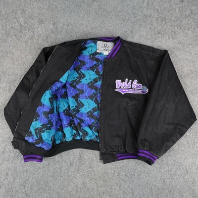 Vintage World Gym Jacket Mens Medium Black Bomber Full Zip Varsity Purple 90s