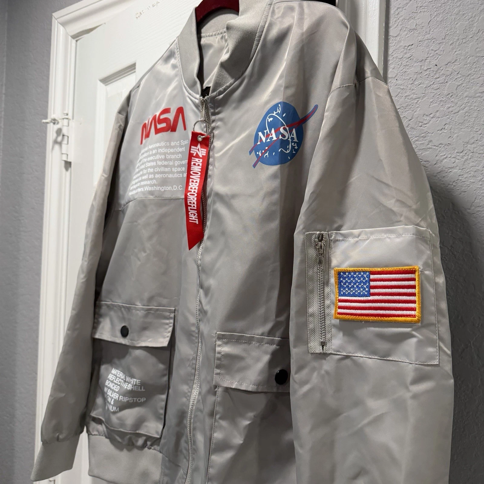 ASSTseries Bomber Jacket NASA Gray Adult Zip Front Windbreaker Size Medium NWOT! image 2
