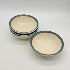 Vtg. Set of 4 Pfaltzgraff Juniper Stoneware Soup Bowls Cream w/Teal & Mauve
