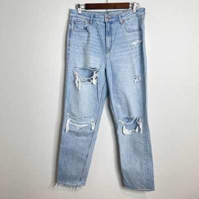 American Eagle Real Good Mom Jeans Light Wash Distressed Denim Size 10 Long