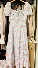 Light Blue Floral Puff Sleeve Maxi Dress Ruched Accents Square Neck Woven