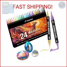 Pagather 24 Metallic Colors Acrylic Paint Markers, Dual Tip with Fine Tip and Br