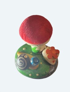 Handcrafted Painted Stone Mushroom Snail Figurine Pin Cushion w Red Velvet Cap