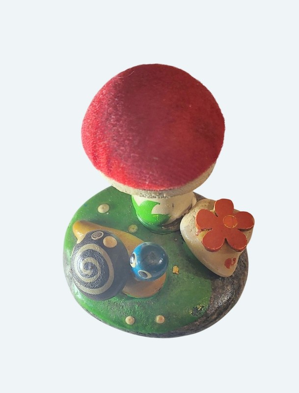 Handcrafted Painted Stone Mushroom Snail Figurine Pin Cushion w Red Velvet Cap