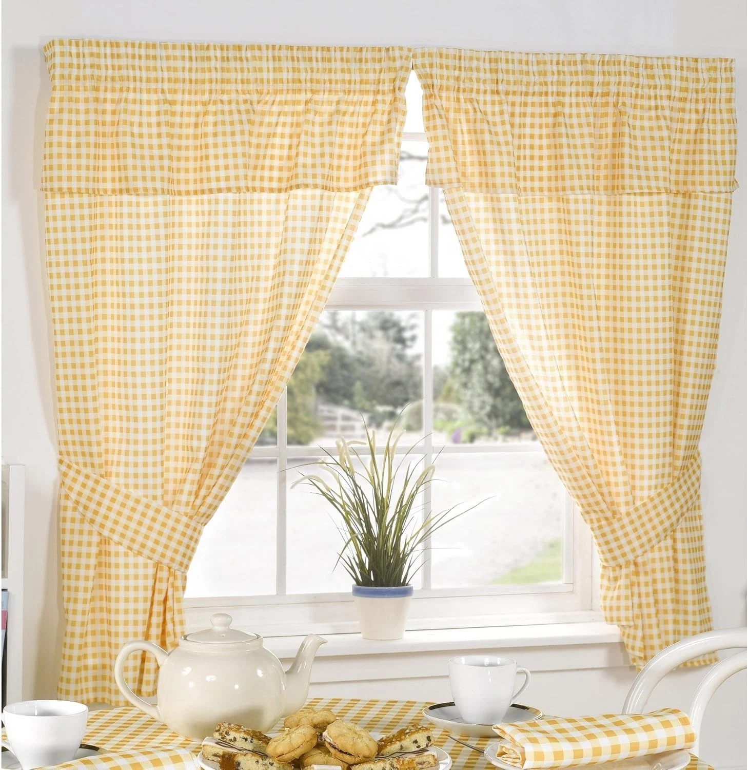 Molly Gingham Check Kitchen Pencil Pleat Curtains, Lemon, 46 X 42 Inch