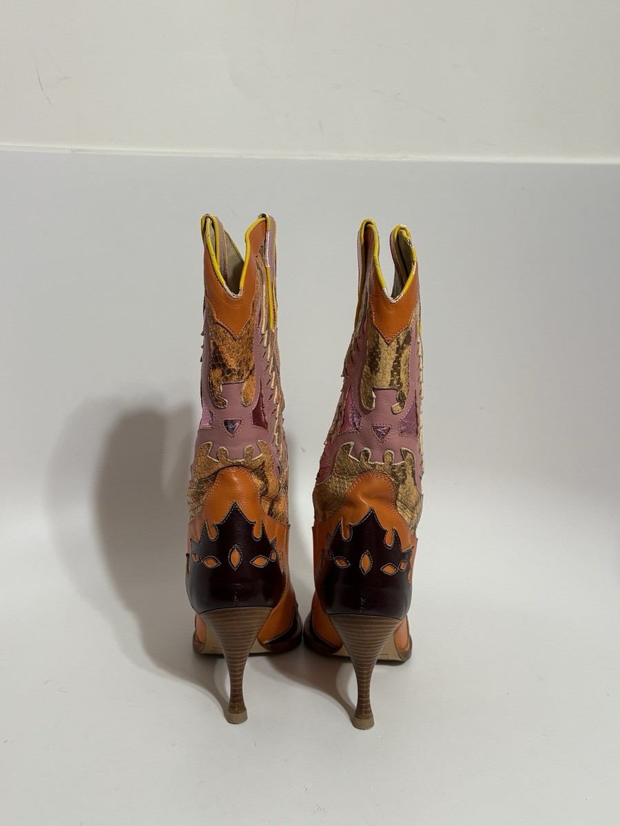 Vtg Dolce & Gabbana D&G Orange Snakeskin Leather Cowboy Boots 35