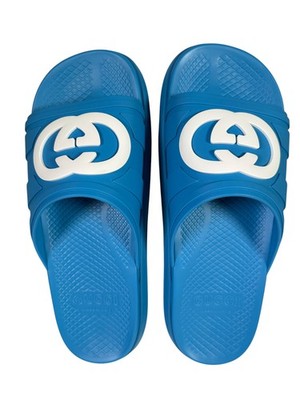 GUCCI ライトブルー GGロゴ スライドサンダル NIB Gucci Rubber Slide Sandals Blue with White GG Logo UK9 US9.5