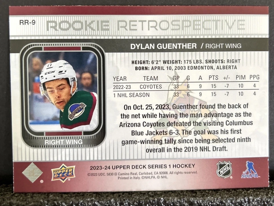 2023-24 Upper Deck 1 Dylan Guenther Arizona Coyotes Rookie Retrospective #RR-9 - Image 2 of 4