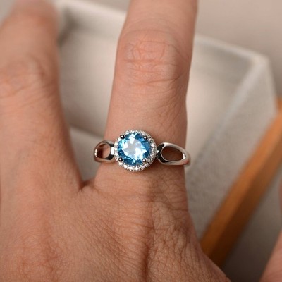 2CT Round Blue Topaz Gemstone 925 Silver Plated Dainty Halo Ring Duty Free