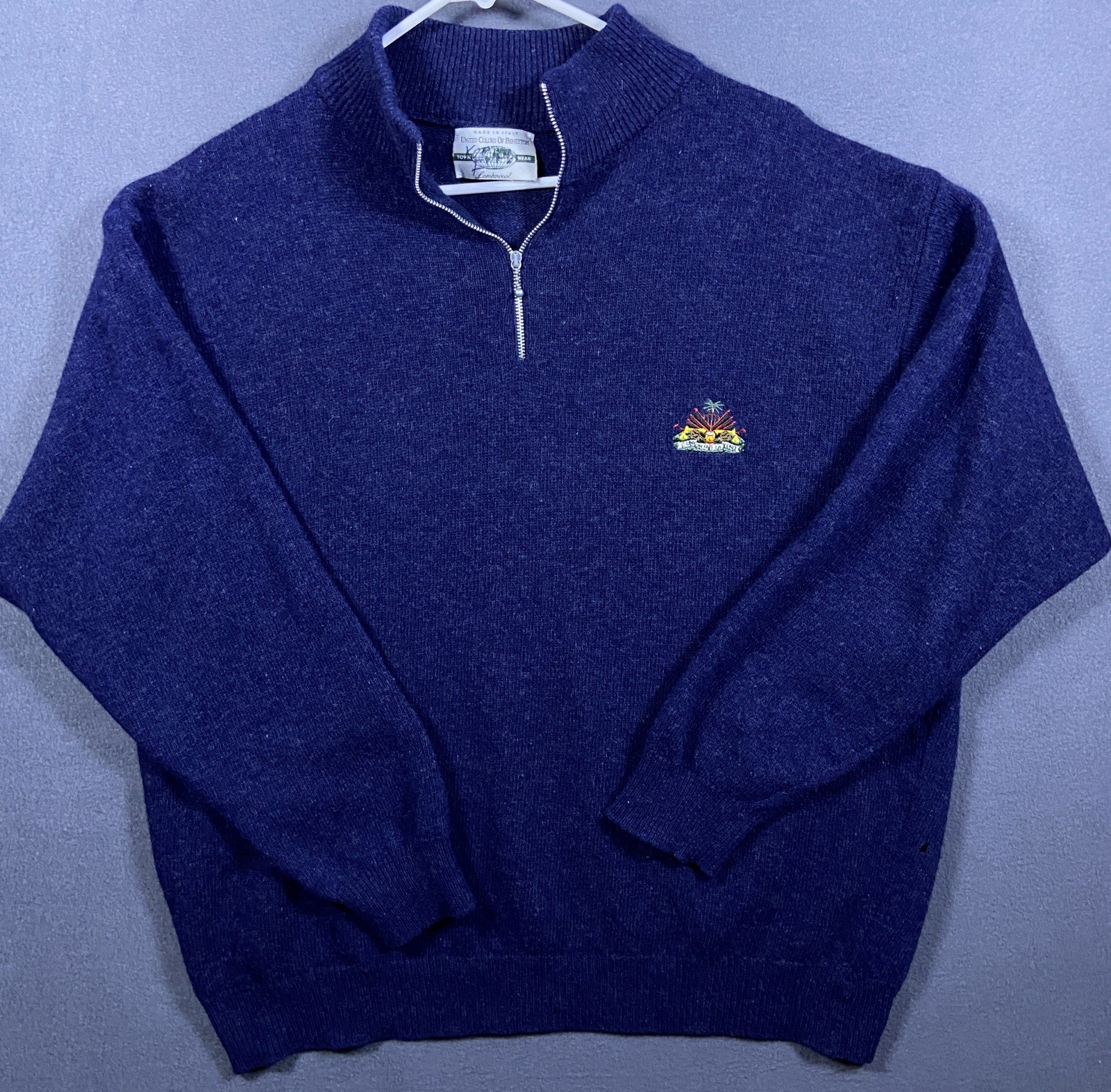Benetton, VTG United Colors of Benetton 90s XL Navy Lambs Wool Sweater Haiti Coat Arms