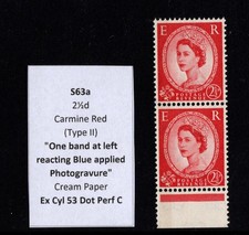 Wilding Specialist  S63a 2½d Carmine Red Single Band Photo Bottom Marginal Pair