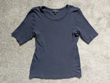 AYR Women's Ribbed Knit Basic Shirt Size Large Fitted Navy Blue Short Sleeve