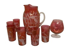 Vintage Etched Cranberry MCM 3 Qt Pitcher Glasses Set of 6 W/Bonus Brandy Glass