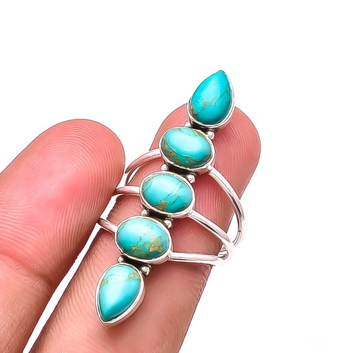 Copper Turquoise Five Stone Designer 925 Sterling Silver Handmade Ring S.8 R6
