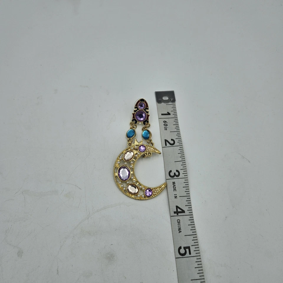 Pendientes llamativos de diamantes de imitación luna sol/estrella cabujón púrpura poste trasero colgantes usados en excelente estado Foto 4 de 4