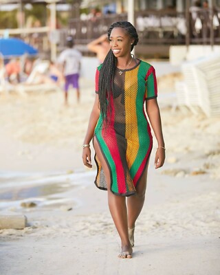 Women Rasta Jamaican Long Midi Dress Fishnet Mesh Marina Bob