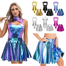 Womens Metallic Alien Costume Leotard Bodysuit with Glossy Skirt Space Man