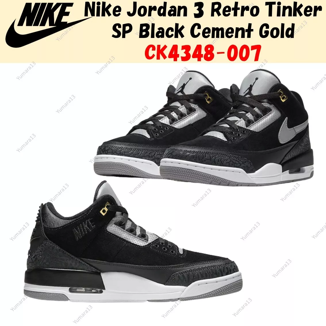 Nike Jordan 3 Retro Tinker SP Black Cement Gold CK4348-007 Men US 4-14 Brand New
