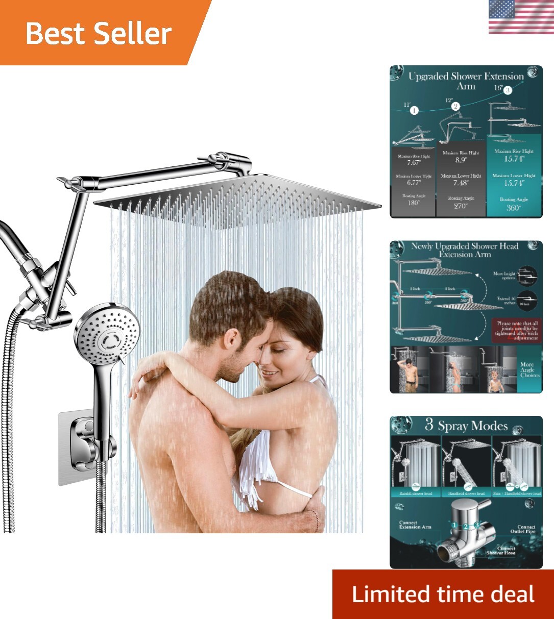 12'' Rain , High Pressure Rainfall Shower Head with 16'' Flexible Adjustment ...